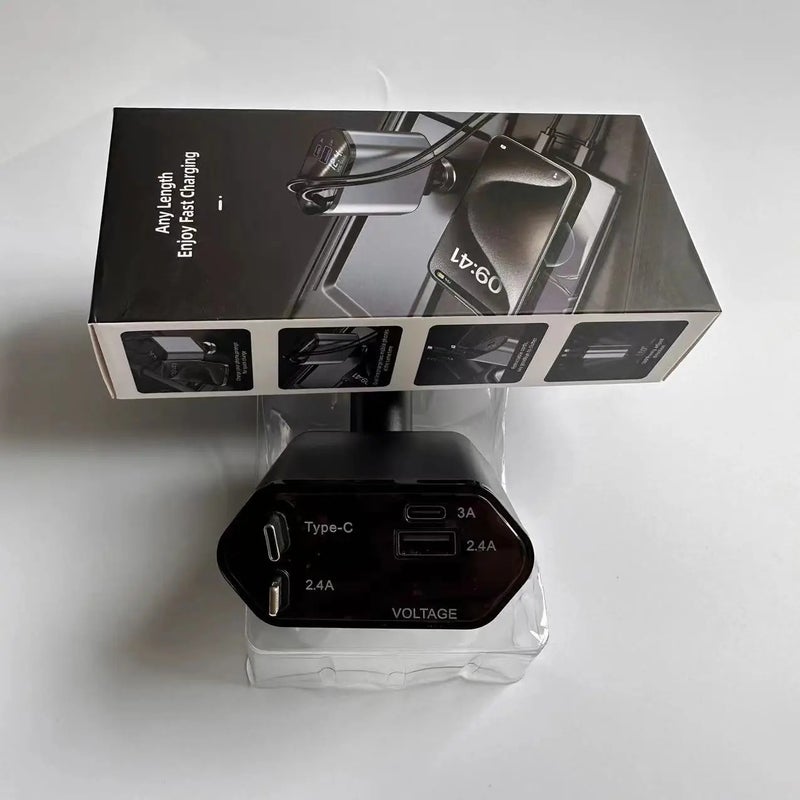 Bluejw DC 12-24V Car Charger, Retractable 4-in-1 Cable, Universal Adapter for Phone, Tablet, Watch & Earphone, Automobile Charger - Image 1